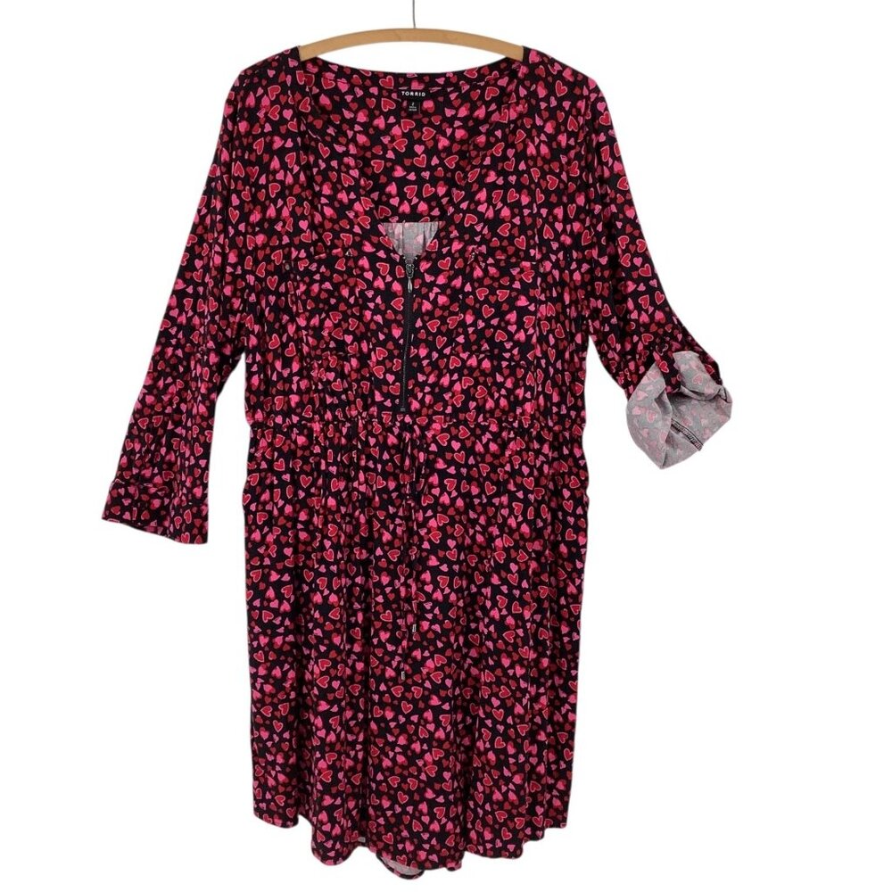 TORRID Dress Women's Plus 2X Black Pink Red Heart Print Zip Rayon - Picture 2 of 8